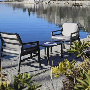 Aria 3 Piece Balcony Setting in Charcoal with Grey Cushions Pictured Lakeside