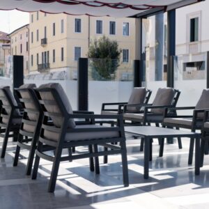 Aria Luxury Patio Armchairs (Charcoal with Grey Cushions) - Pictured in an Indoor Office Setting
