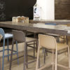 Faro Tall Bar Stools in Taupe, Blue and Havana Colours (Pictured in Cafe Setting with Wooden Bench)