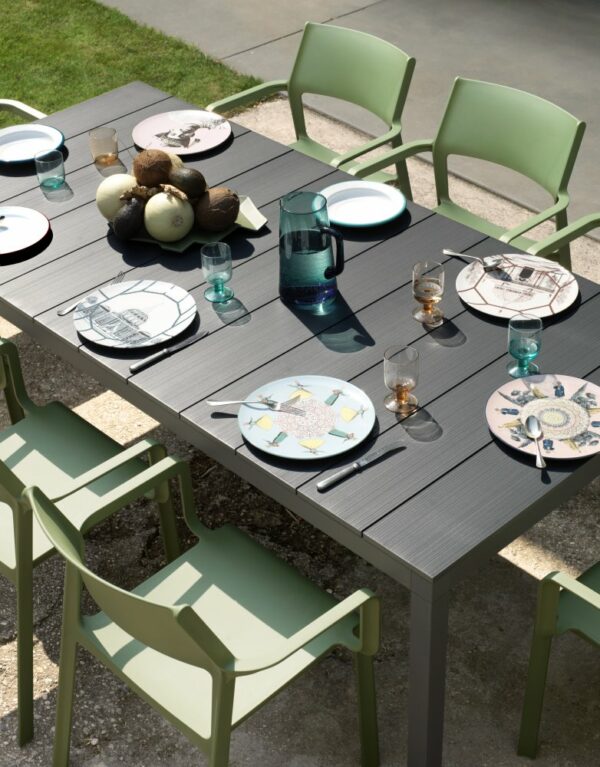 NARDI Trill Armchairs (Olive Green) & Rio Alu 210-280 Extendable Outdoor Table set with cutlery & plates for dining