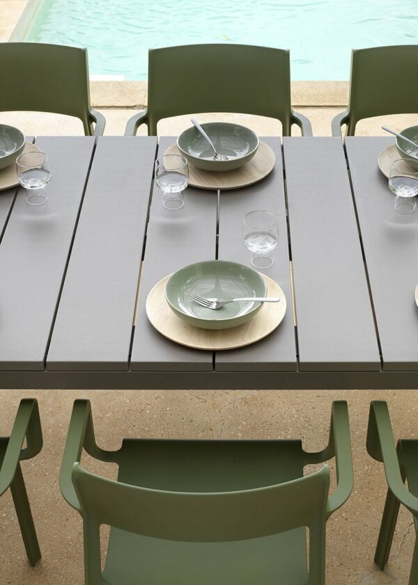 Trill Rio 10-Seater Outdoor Dining Set - Taupe Table & Olive Green Chairs (Close up view of Centre of Table + Chairs)