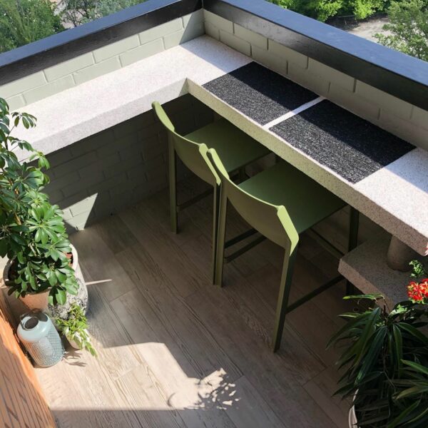 Two NARDI Trill Kitchen Counter Bar Stools in Olive Green on outdoor balcony view from above