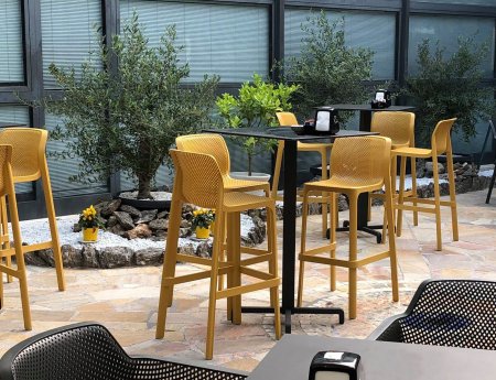 Tall Bar Stools - Net Stools in Mustard with Bar Leaner