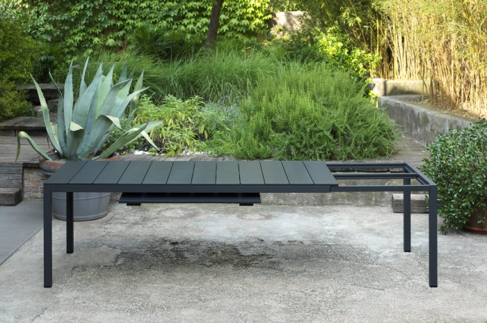 Outdoor Table and Chair Settings 23 Extendable Outdoor Dining Set NZ - Extendable Mechanism Revealing Extra Panel (Rio 210/280 Alu in Charcoal)