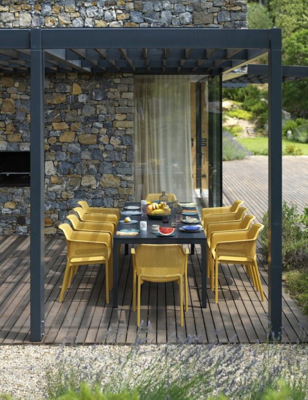 NARDI Rio Alu Net 8-Seater Outdoor Dining Set - Charcoal Table & Mustard Chairs (Head of the Table and Garden)